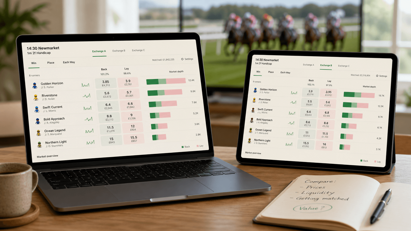 Comparing exchange prices and betting exchange liquidity before getting a lay bet matched
