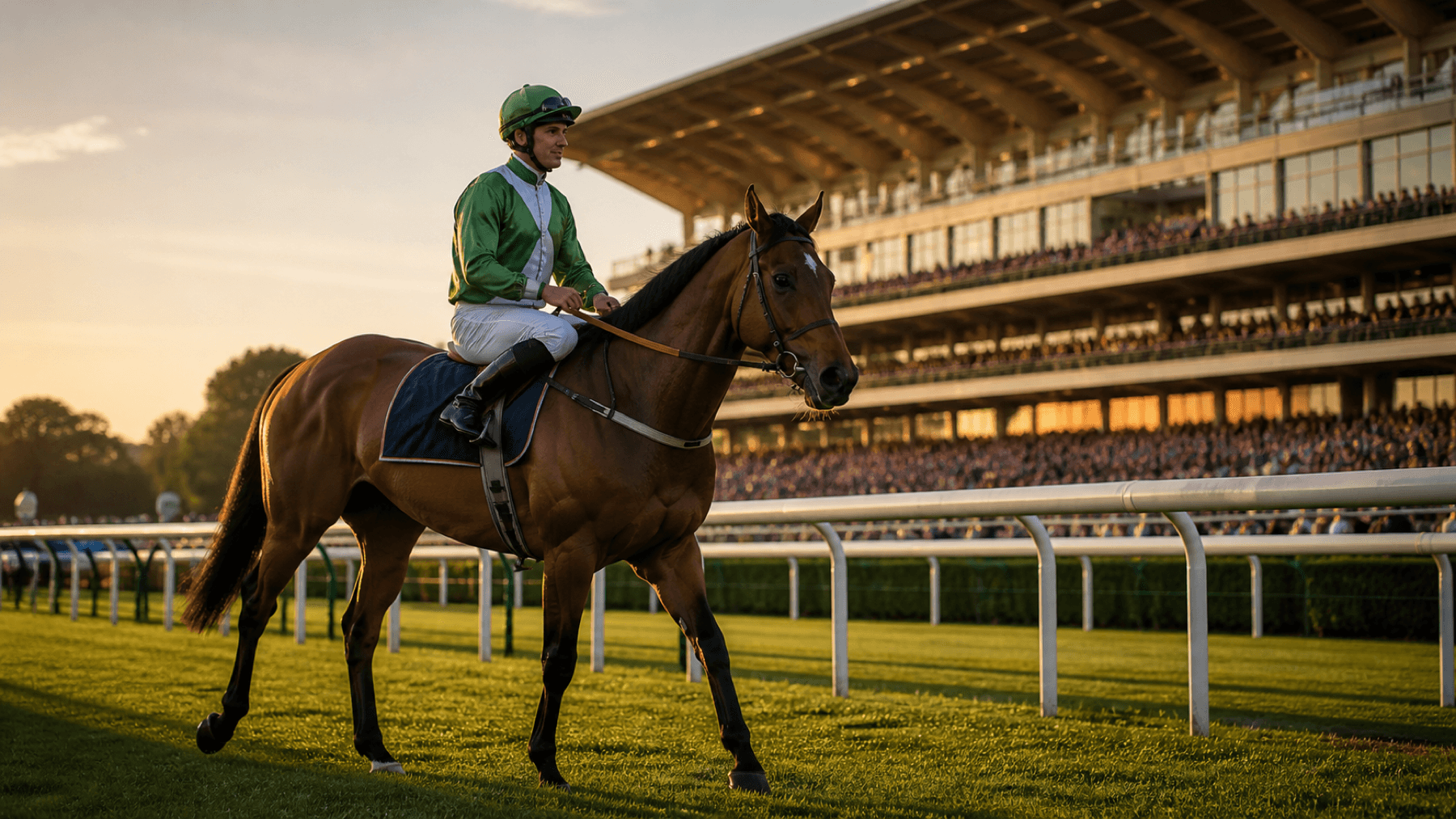Jockey and horse at a racecourse before racing