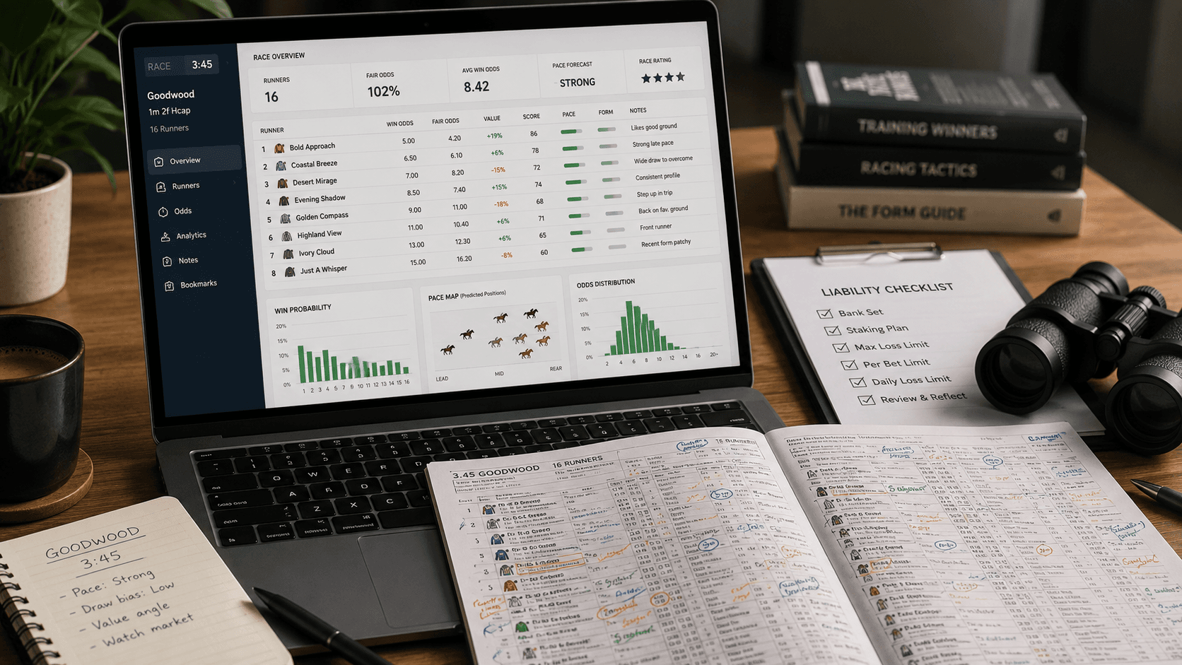 Desk scene comparing lay betting software, racecard notes, and a liability checklist
