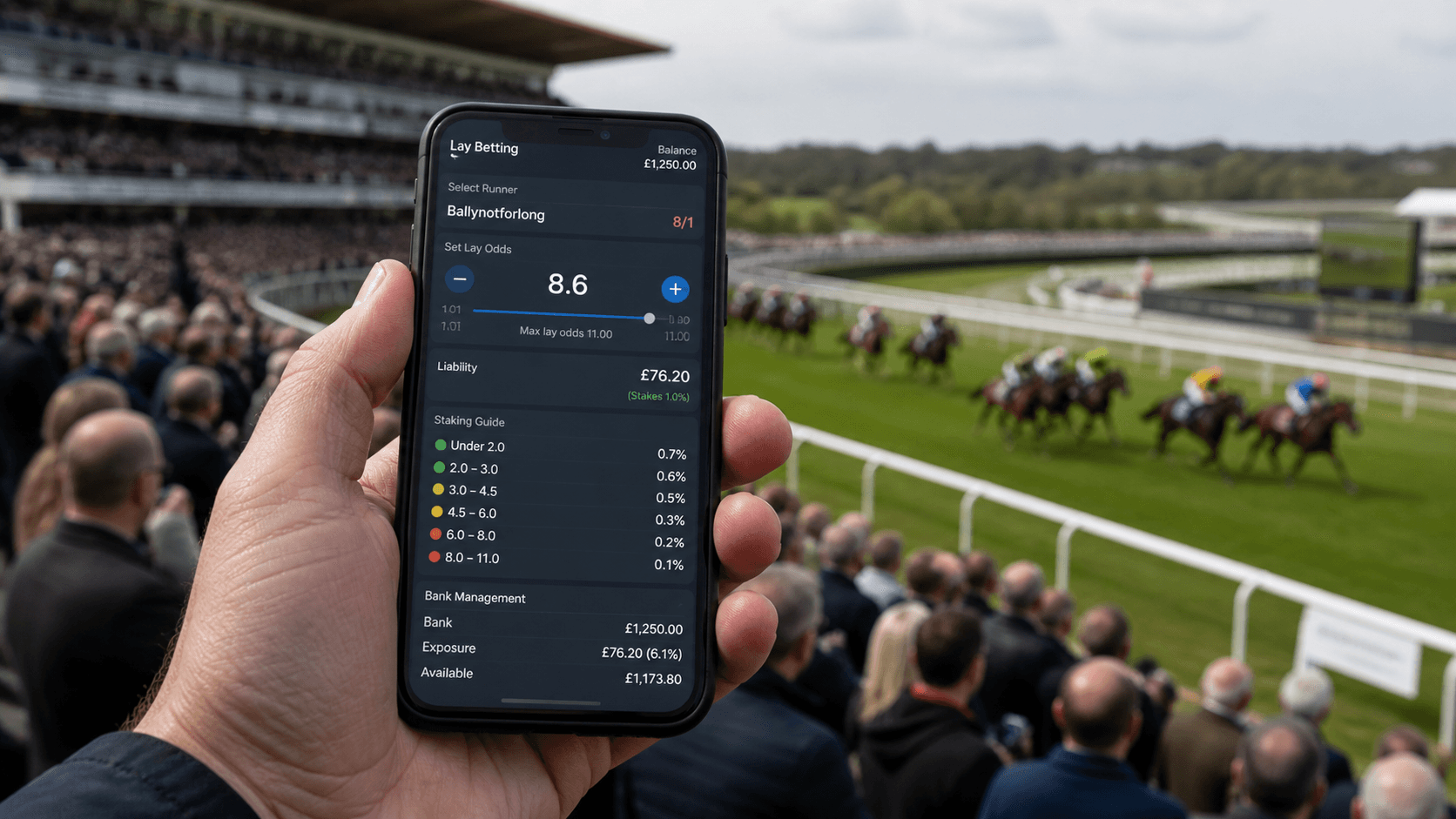 Mobile lay betting screen showing odds limit, liability, staking guide, and bank management