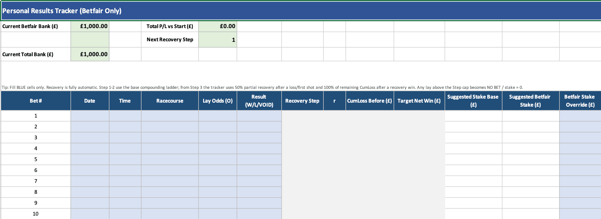 Personal Results Tracker bank overview showing starting bank, profit and loss, recovery step, and race log columns