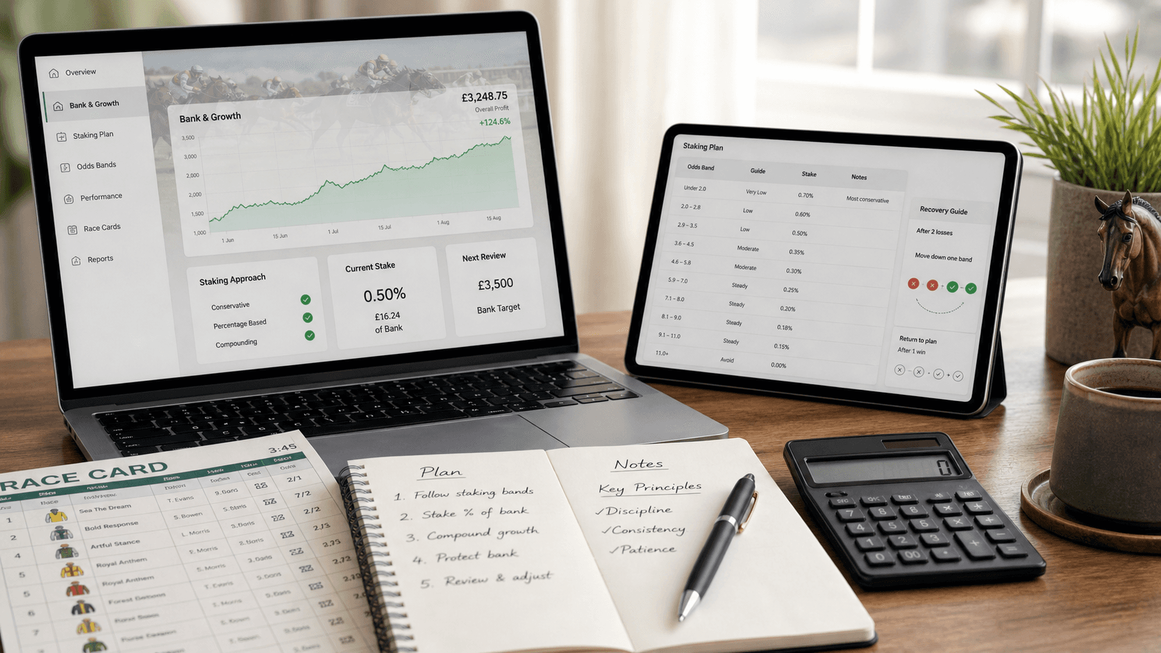 Conservative lay betting staking dashboard showing bank growth, current stake, and recovery planning