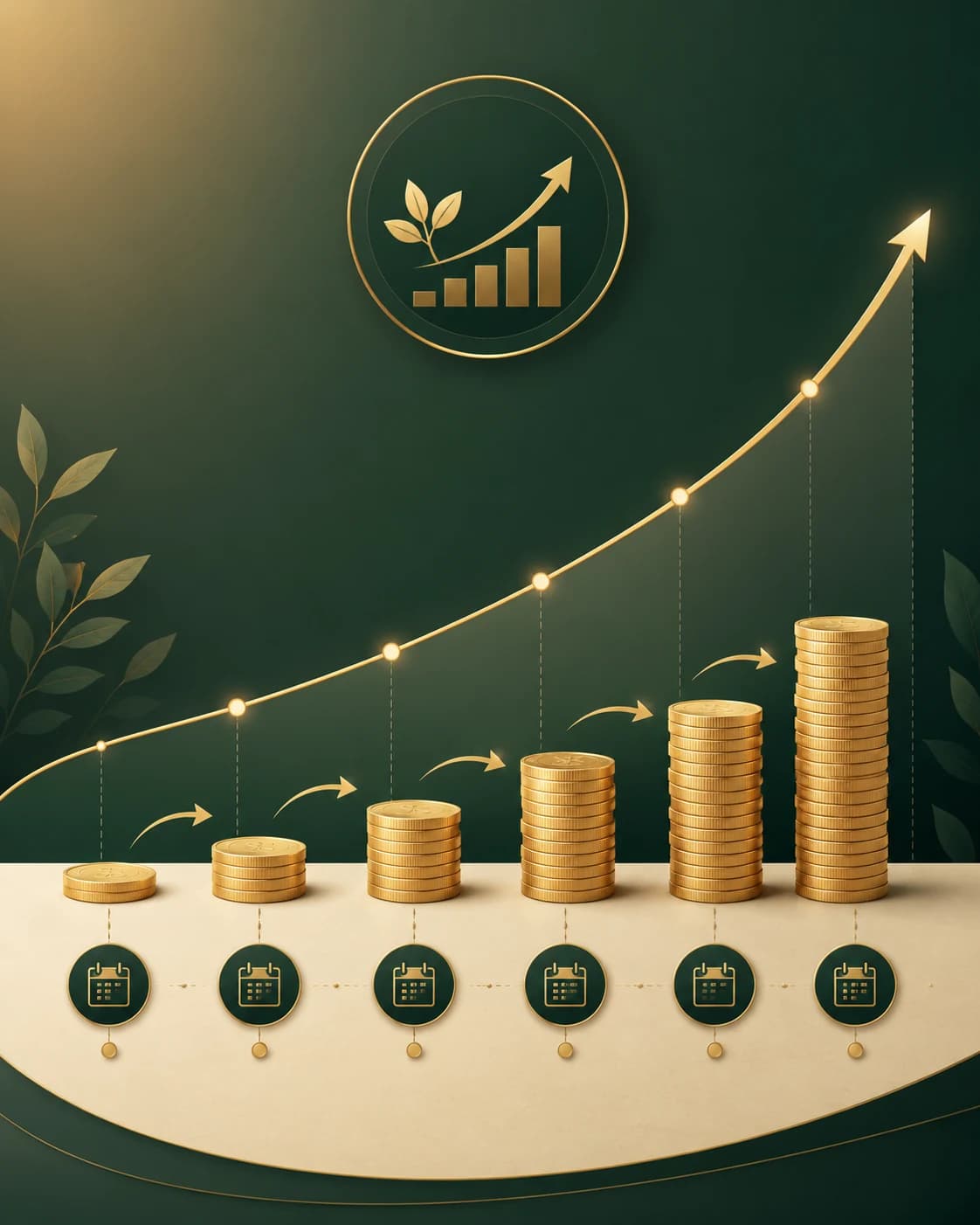 Growing stacks of coins and a rising curve illustrating compounding over time
