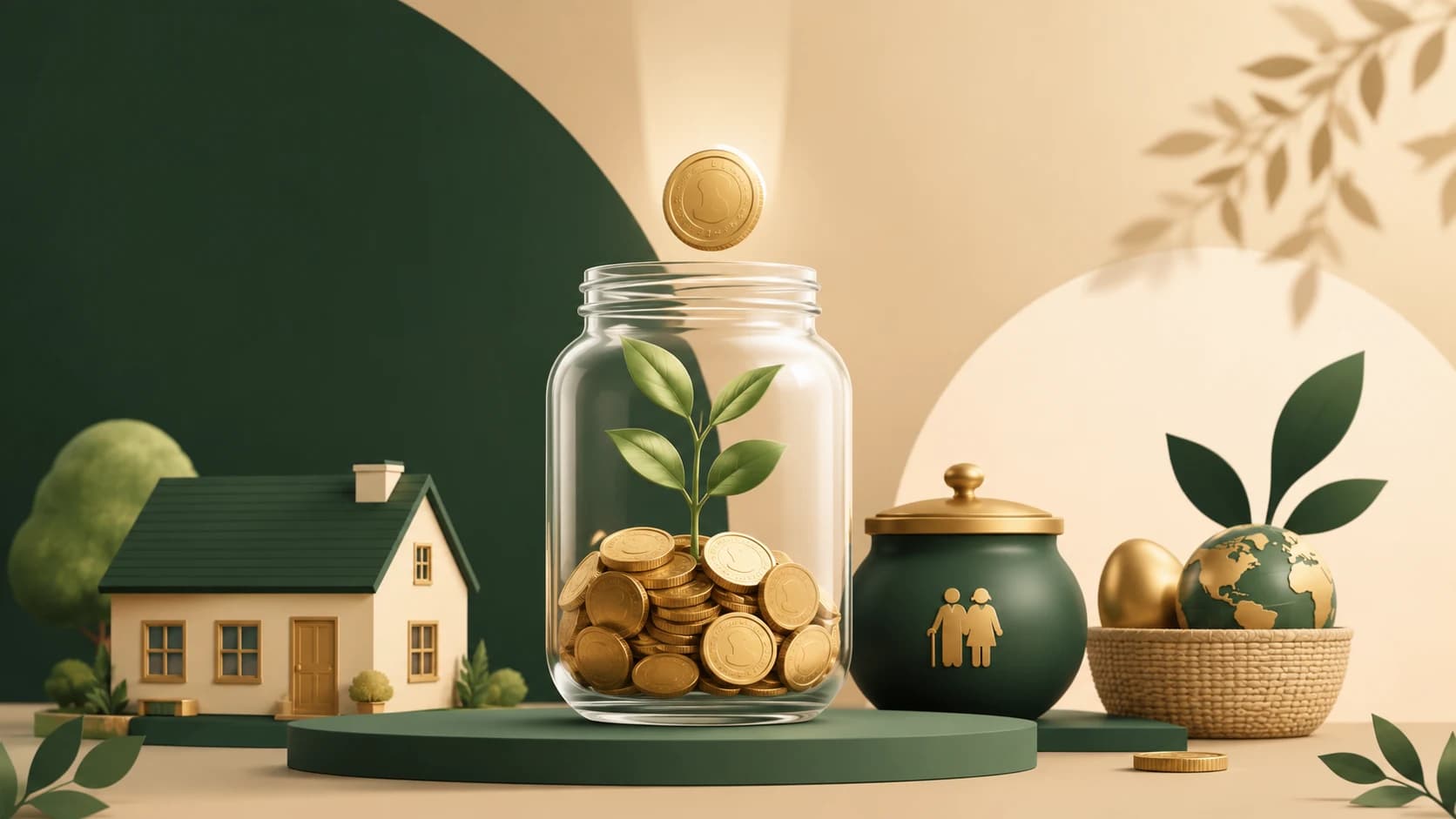 Savings jar, growing plant, home, pension pot, and global investing symbols