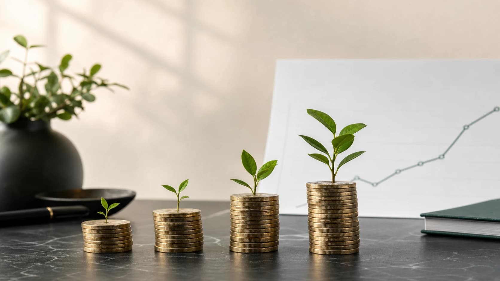 Four growing stacks of coins with young plants representing patient investing