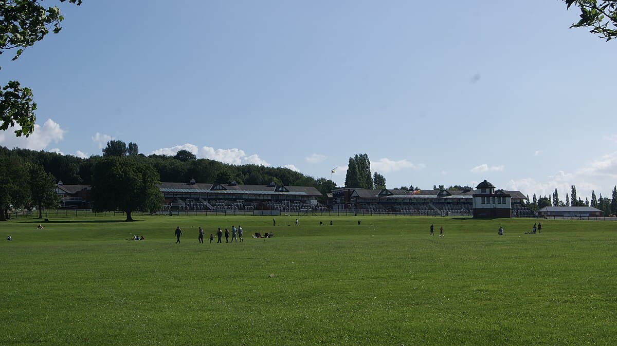 Pontefract Park with racecourse grandstand behind