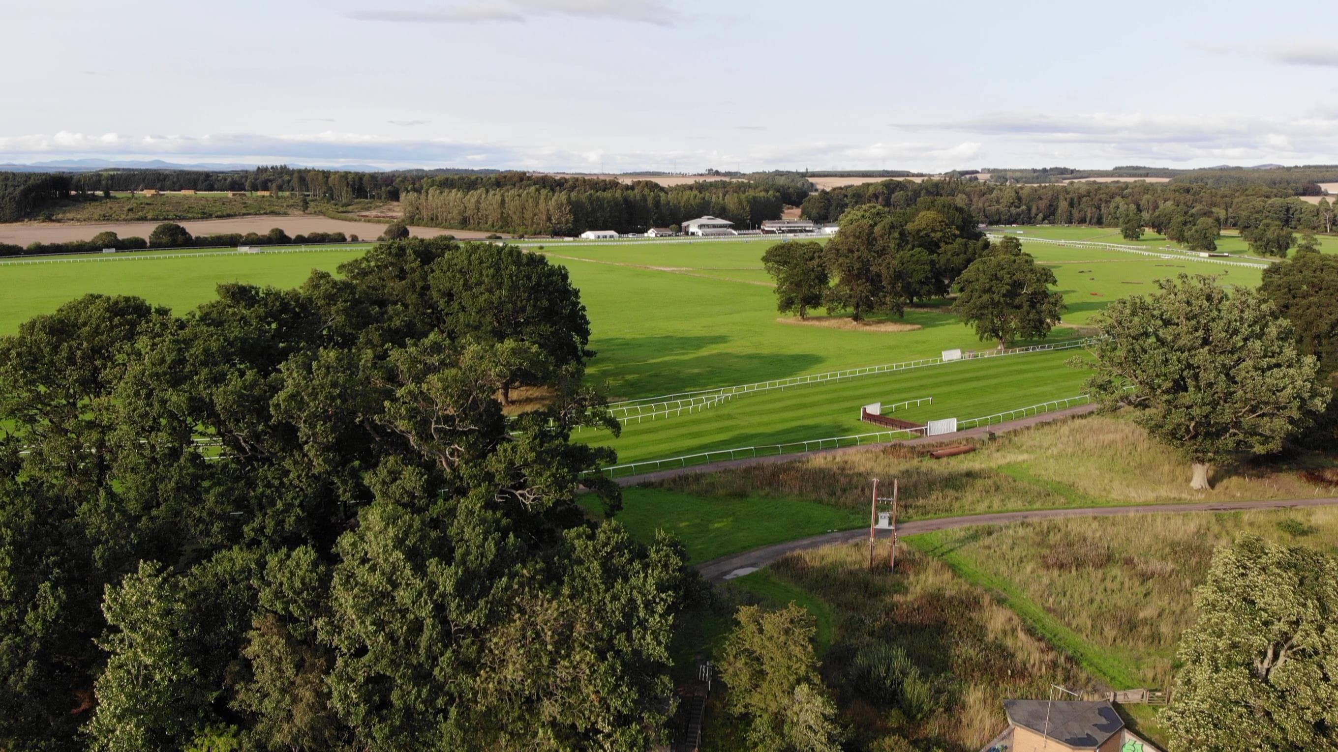 Aerial view of Perth Racecourse from across the River Tay