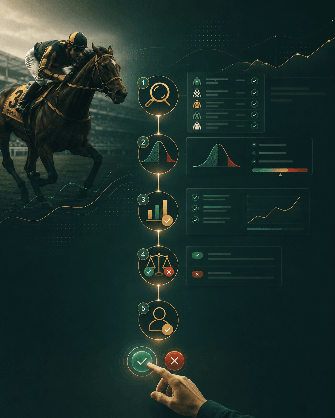 Illustrated Lay Picks workflow showing racecard checks, evidence review, play or skip decisions, and manual control